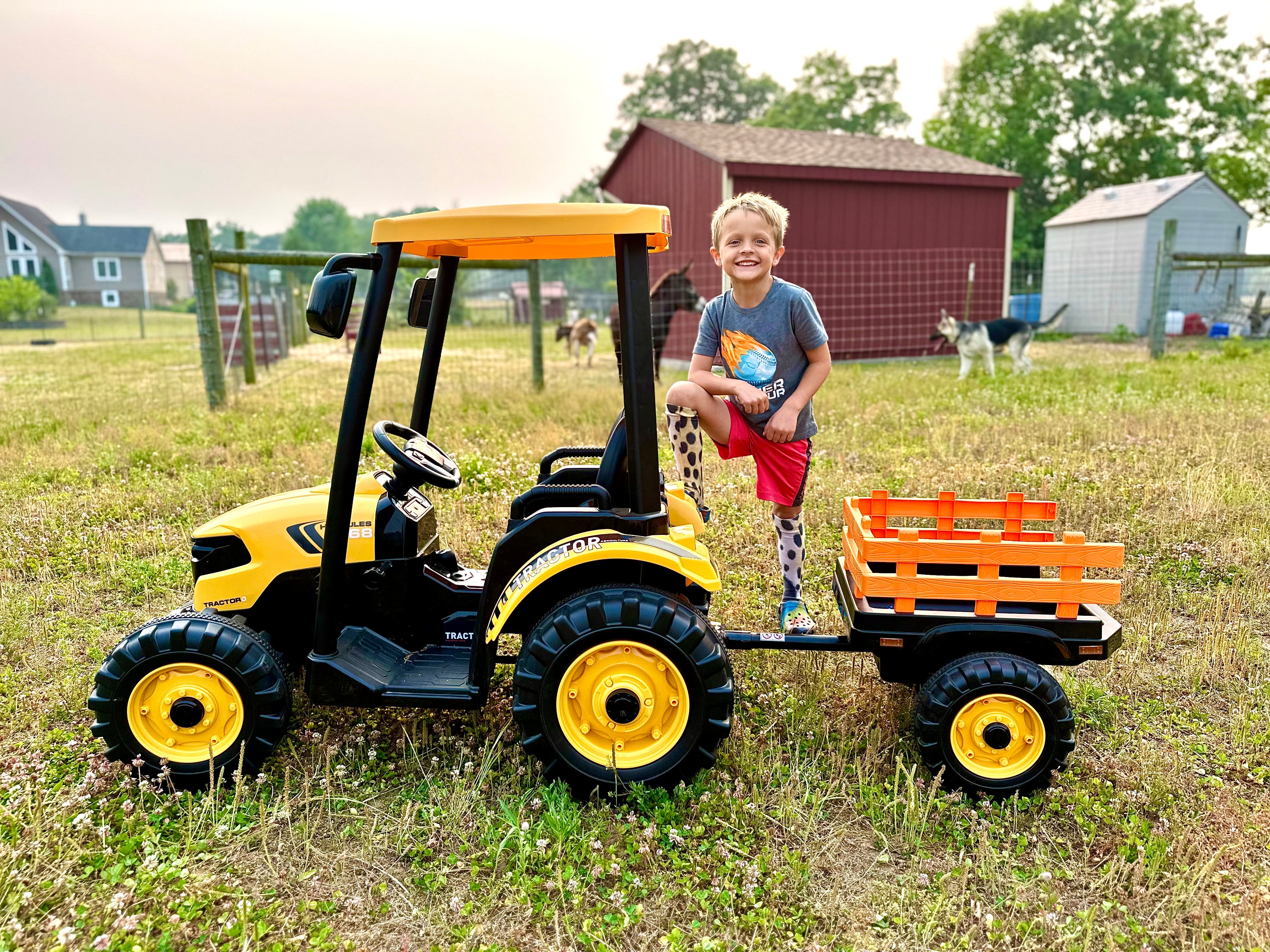 Kidsera 24V Kids Ride on Tractor with Trailer&Front Loader, Toddler 3-Gear-Shift Ground Loader Car with Dual Motor, Battery Powered Electric Vehicle Toys (Yellow Tractor with Trailer & Front Loader)